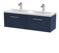Hudson Reed JNU2922F Juno Modern Bathroom Wall Hung 2 Soft Close Drawer Vanity Unit and Double Ceramic Basin, 1200mm, Midnight Blue