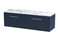 Hudson Reed Juno Wall Hung 2 Drawer Vanity Unit with Matt Carrera Marble Laminate Worktop | Midnight Blue | MDF | 1200mm