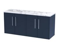 Hudson Reed JNU2923LCM2 Juno Modern Bathroom Wall Hung 4 Soft Close Door Vanity Unit and Carrera Marble Laminate Worktop, 1200mm, Midnight Blue