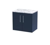 Hudson Reed JNU2923LCM Juno Modern Bathroom Wall Hung 2 Soft Close Door Vanity Unit and Carrera Marble Laminate Worktop, 600mm, Midnight Blue