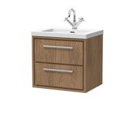 Hudson Reed Lille Woodgrain Wall Hung 2 Drawer Vanity Unit and Minimalist Fireclay Basin | Antique Oak | MFC | 600mm