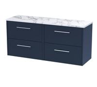 Hudson Reed Juno Wall Hung 4 Drawer Vanity Unit with Carrera Marble Worktop | Satin Midnight Blue | MDF | 1200mm