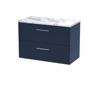 Hudson Reed JNU2926LCM Juno Modern Bathroom Wall Hung 2 Soft Close Drawer Vanity Unit and Carrera Marble Laminate Worktop, 800mm, Midnight Blue