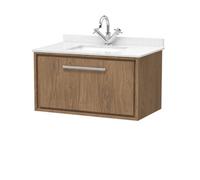 Hudson Reed Lille Woodgrain Wall Hung Single Drawer Vanity Unit and White Marble Countertop with a Square Ceramic Basin | Antique Oak | MFC | 800mm