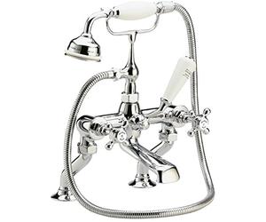 Hudson Reed BC304HX Topaz Traditional Bathroom Deck Mounted Bath Mixer with Shower Kit, Crosshead Handles and Hexagonal Collars, 320mm x 350mm, Chrome/White, Tap, Set of 5 Pieces