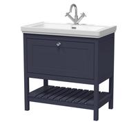 Hudson Reed Bexley Floor Standing 1 Drawer Vanity & 1 Tap Hole Fireclay Basin, Stylish Vanity Unit With Basin, Indigo Blue, 800mm