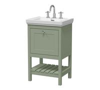 Hudson Reed Bexley Floor Standing 1 Drawer Vanity & 3 Tap Hole Fireclay Basin, Stylish Vanity Unit With Basin, Fern Green, 500mm
