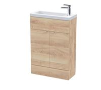 Hudson Reed CBI3006 Fusion Modern Bathroom Floor Standing 2 Soft Close Door Compact Vanity Unit and Polymarble Basin, 600mm, Bleached Oak
