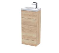 Hudson Reed CBI3021 Fusion Modern Bathroom Floor Standing 1 Soft Close Door Compact Vanity and Polymarble Basin Unit, 400mm, Bleached Oak