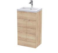 Hudson Reed CBI3024 Fusion Modern Bathroom Floor Standing 2 Soft Close Door Full Depth Vanity Unit and Polymarble Basin, 500mm, Bleached Oak
