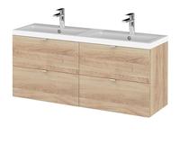 Hudson Reed CBI3032 Fusion Modern Bathroom Wall Hung 4 Soft Close Drawer Vanity Unit and Double Polymarble Basin, 1200mm, Bleached Oak