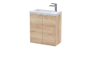 Hudson Reed CBI3038 Fusion Modern Bathroom Wall Hung 2 Soft Close Door Compact Vanity Unit and Polymarble Basin, 500mm, Bleached Oak