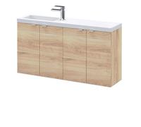 Hudson Reed CBI3043 Fusion Modern Bathroom Wall Hung 4 Soft Close Door Compact Vanity Basin Unit and Polymarble Basin, 1000mm, Bleached Oak