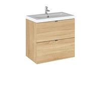 Hudson Reed CBI330A Fusion Modern Bathroom 2 Drawer Wall Hung Vanity Unit and Full Depth Ceramic Basin, 600mm, Natural Oak
