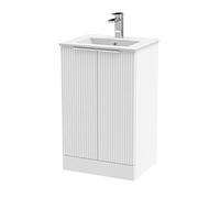 Hudson Reed DFF123B Fluted Modern Bathroom Floor Standing 2 Door Vanity Basin Unit with Minimalist Ceramic Basin, 500mm, Satin White