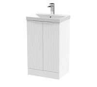 Hudson Reed DFF123D Fluted Modern Bathroom Floor Standing 2 Door Vanity Basin Unit with Thin-Edge Ceramic Basin, 500mm, Satin White