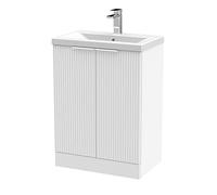 Hudson Reed DFF125A Fluted Modern Bathroom Floor Standing 2 Door Vanity Basin Unit with Mid-Edge Ceramic Basin, 600mm, Satin White