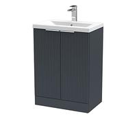 Hudson Reed DFF1425A Fluted Modern Bathroom Floor Standing 2 Door Vanity Basin Unit with Mid-Edge Ceramic Basin, 600mm, Soft Black