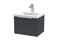 Hudson Reed DFF1491A Fluted Modern Bathroom Wall Hung 1 Drawer Vanity Basin Unit with Mid-Edge Ceramic Basin, 500mm, Soft Black