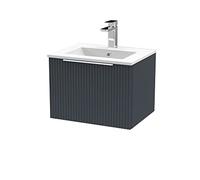 Hudson Reed DFF1491B Fluted Modern Bathroom Wall Hung 1 Drawer Vanity Basin Unit with Minimalist Ceramic Basin, 500mm, Soft Black