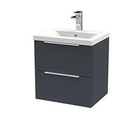 Hudson Reed DFF1492A Fluted Modern Bathroom Wall Hung 2 Drawer Vanity Basin Unit with Mid-Edge Ceramic Basin, 500mm, Soft Black