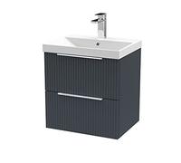 Hudson Reed DFF1492D Fluted Modern Bathroom Wall Hung 2 Drawer Vanity Basin Unit with Thin-Edge Ceramic Basin, 500mm, Soft Black