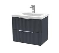 Hudson Reed DFF1493A Fluted Modern Bathroom Wall Hung 2 Drawer Vanity Basin Unit with Mid-Edge Ceramic Basin, 600mm, Soft Black