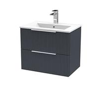 Hudson Reed Fluted Satin Soft Black Wall Hung 2 Drawer Vanity Unit with 18mm Profile Basin | Satin Anthracite | MDF | 600mm