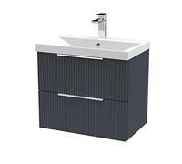 Hudson Reed DFF1493D Fluted Modern Bathroom Wall Hung 2 Drawer Vanity Basin Unit with Thin-Edge Ceramic Basin, 600mm, Soft Black