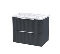 Hudson Reed DFF1493LCM Fluted Modern Bathroom Wall Hung 2 Soft Close Drawer Vanity Unit and Carrera Marble Laminate Worktop, 600mm, Soft Black