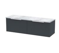 Hudson Reed DFF1494LBG2 Fluted Modern Bathroom Wall Hung 2 Soft Close Drawer Vanity Unit and Bellato Grey Laminate Worktop, 1200mm, Soft Black