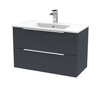 Hudson Reed DFF1495B Fluted Modern Bathroom Wall Hung 2 Drawer Vanity Basin Unit with Minimalist Ceramic Basin, 800mm, Soft Black