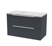 Hudson Reed DFF1495LBG Fluted Modern Bathroom Wall Hung 2 Drawer Vanity Unit with Bellato Grey Laminate Worktop, 800mm, Soft Black