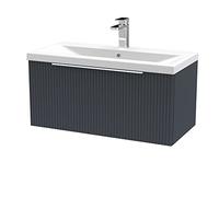 Hudson Reed DFF1496A Fluted Modern Bathroom Wall Hung 1 Drawer Vanity Basin Unit with Mid-Edge Ceramic Basin, 800mm, Soft Black
