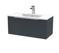 Hudson Reed DFF1496B Fluted Modern Bathroom Wall Hung 1 Drawer Vanity Basin Unit with Minimalist Ceramic Basin, 800mm, Soft Black
