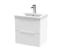 Hudson Reed DFF192A Fluted Modern Bathroom Wall Hung 2 Drawer Vanity Basin Unit with Mid-Edge Ceramic Basin, 500mm, Satin White