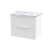 Hudson Reed DFF193LCM Fluted Modern Bathroom Wall Hung 2 Soft Close Drawer Vanity Unit and Carrera Marble Laminate Worktop, 600mm, Satin White