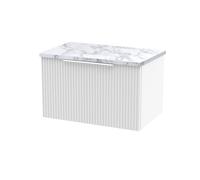Hudson Reed DFF194LCM Fluted Modern Bathroom Wall Hung Single Soft Close Drawer Vanity Unit and Carrera Marble Laminate Worktop, 600mm, Satin White