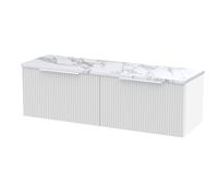 Hudson Reed DFF194LCM2 Fluted Modern Bathroom Wall Hung 2 Soft Close Drawer Vanity Unit and Carrera Marble Laminate Worktop, 1200mm, Satin White