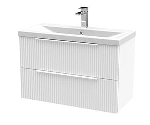 Hudson Reed DFF195A Fluted Modern Bathroom Wall Hung 2 Drawer Vanity Basin Unit with Mid-Edge Ceramic Basin, 800mm, Satin White