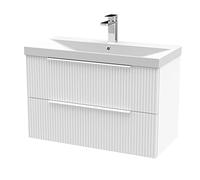 Hudson Reed DFF195D Fluted Modern Bathroom Wall Hung 2 Drawer Vanity Basin Unit with Thin-Edge Ceramic Basin, 800mm, Satin White