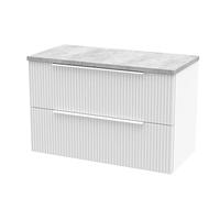 Hudson Reed DFF195LBG Fluted Modern Bathroom Wall Hung 2 Drawer Vanity Unit with Bellato Grey Laminate Worktop, 800mm, Satin White