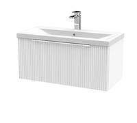 Hudson Reed DFF196A Fluted Modern Bathroom Wall Hung 1 Drawer Vanity Basin Unit with Mid-Edge Ceramic Basin, 800mm, Satin White