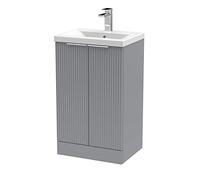 Hudson Reed DFF223A Fluted Modern Bathroom Floor Standing 2 Door Vanity Basin Unit with Mid-Edge Ceramic Basin, 500mm, Satin Grey