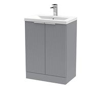 Hudson Reed DFF225A Fluted Modern Bathroom Floor Standing 2 Door Vanity Basin Unit with Mid-Edge Ceramic Basin, 600mm, Satin Grey