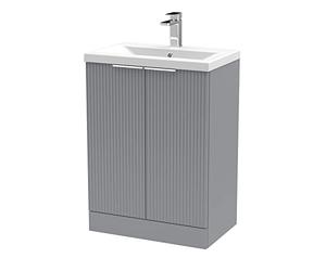 Hudson Reed DFF225A Fluted Modern Bathroom Floor Standing 2 Door Vanity Basin Unit with Mid-Edge Ceramic Basin, 600mm, Satin Grey