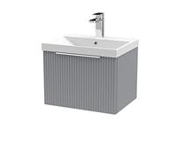 Hudson Reed Fluted Wall Hung 1-Drawer Vanity And Thin-Edge Basin, Contemporary Sink Vanity Unit, Satin Grey, 500mm