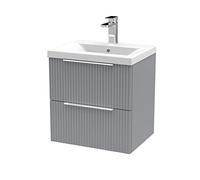 Hudson Reed DFF292A Fluted Modern Bathroom Wall Hung 2 Drawer Vanity Basin Unit with Mid-Edge Ceramic Basin, 500mm, Satin Grey