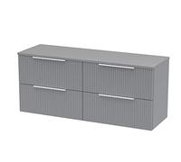 Hudson Reed DFF293W2 Fluted Modern Bathroom Wall Hung 4 Drawer Double Vanity Unit with Colour Matched Worktop, 1200mm, Satin Grey
