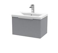 Hudson Reed DFF294A Fluted Modern Bathroom Wall Hung 1 Drawer Vanity Basin Unit with Mid-Edge Ceramic Basin, 600mm, Satin Grey